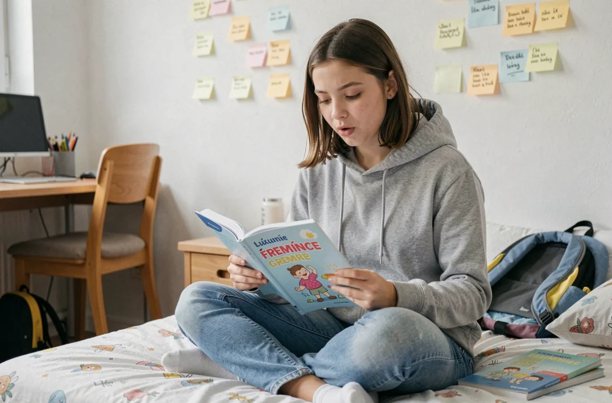 Adolescente assise sur son lit, révisant une règle de grammaire française dans un cahier d'exercices