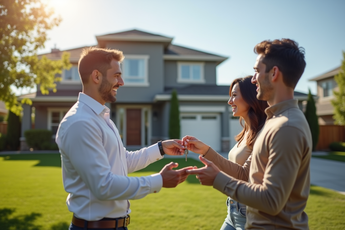 Agent immobilier souriant remettant des clés à un jeune couple devant une maison moderne