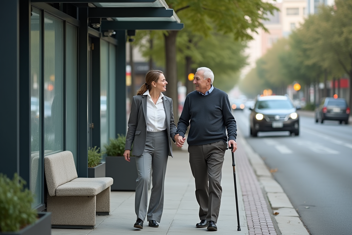 Femme souriante aidant un homme âgé au bus