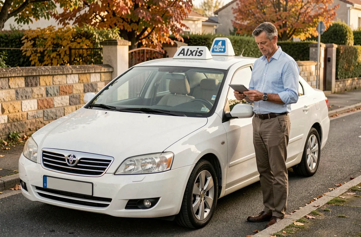 Chauffeur Alpha Taxis consultant un itinéraire sur tablette devant son véhicule blanc dans le Val-de-Marne