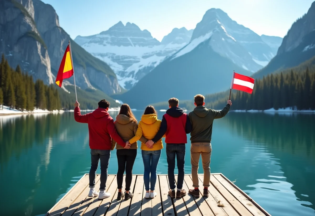 Cinq amis de différentes cultures sur un quai en Norvège