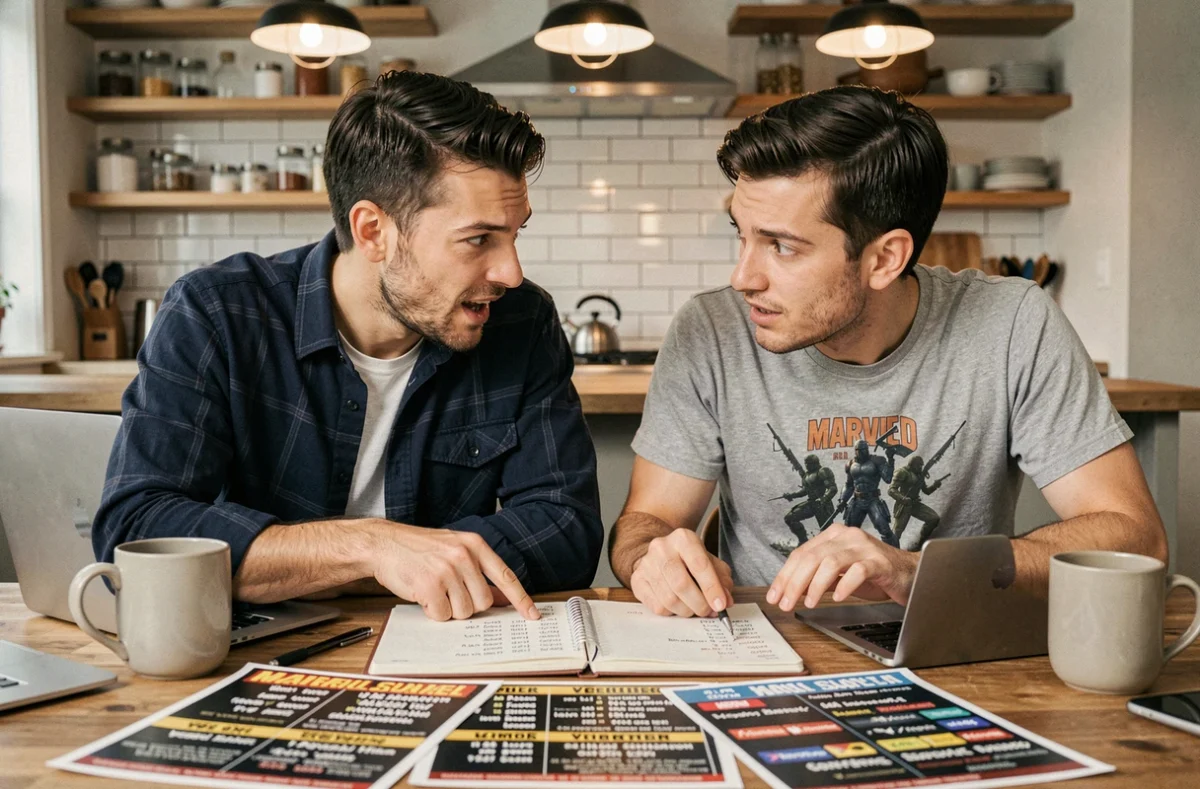 Deux amis discutant de l'ordre de visionnage des films Spider-Man Tom Holland MCU autour d'une table avec des listes imprimées et des laptops ouverts