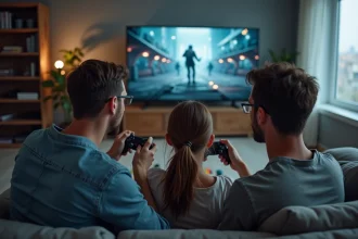 Trois amis dans leur twenties jouent à un jeu vidéo futuriste dans un salon moderne