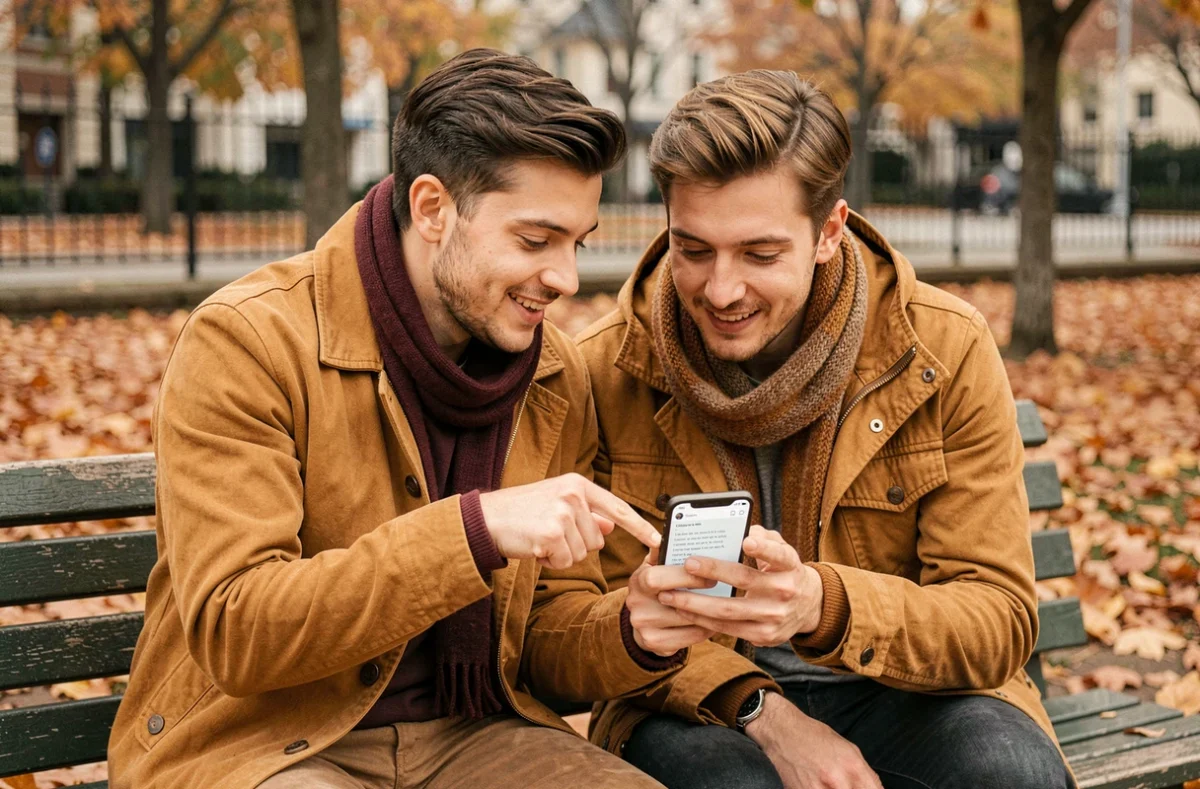 Deux amis consultant les paroles de Lola de Renaud sur un smartphone assis sur un banc dans un parc en automne