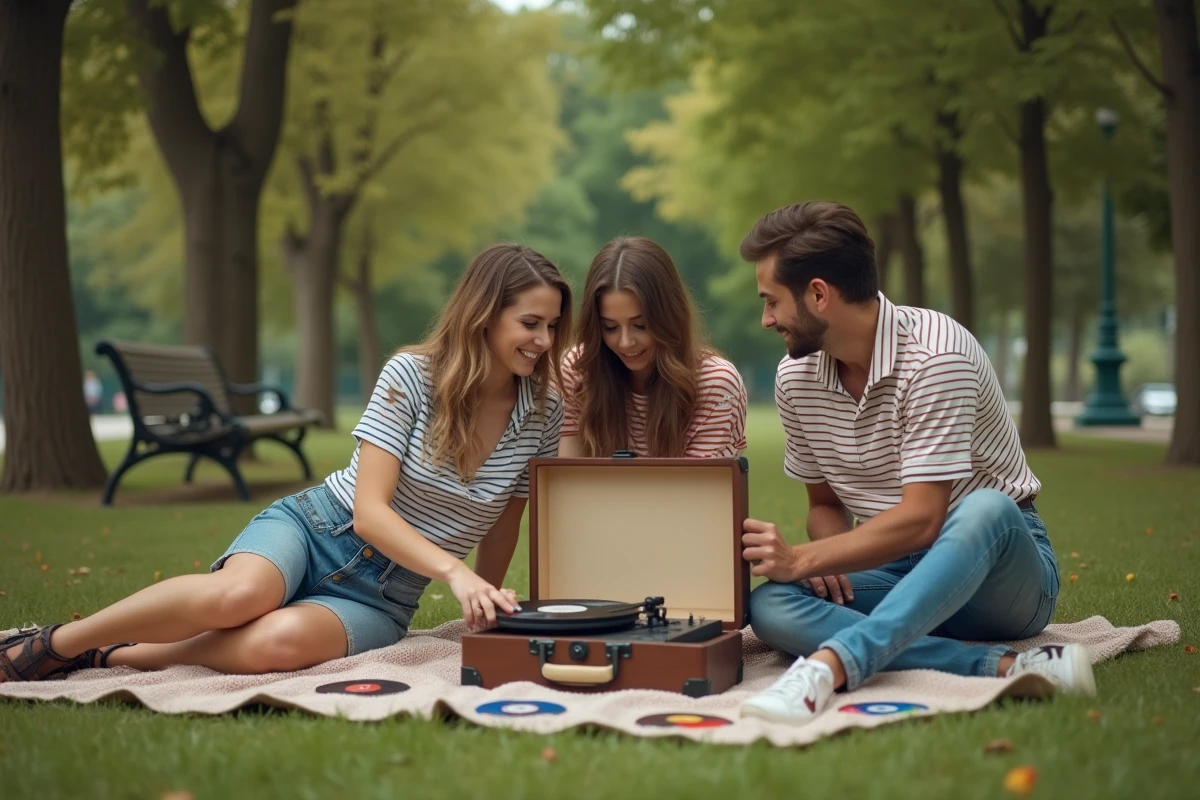Groupe d'amis écoutant des vinyles français des années 60 sur une platine vintage dans un parc