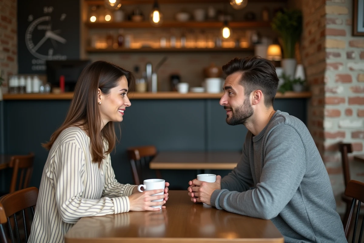 Un homme et une femme assis en face l'un de l'autre dans un café, illustrant la tension d'une amitié après un amour non partagé