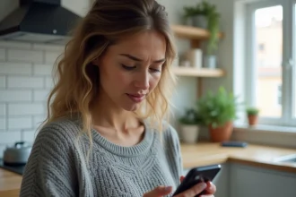Femme tenant un smartphone affichant un appel entrant avec l'indicatif +44 dans une cuisine moderne, expression méfiante