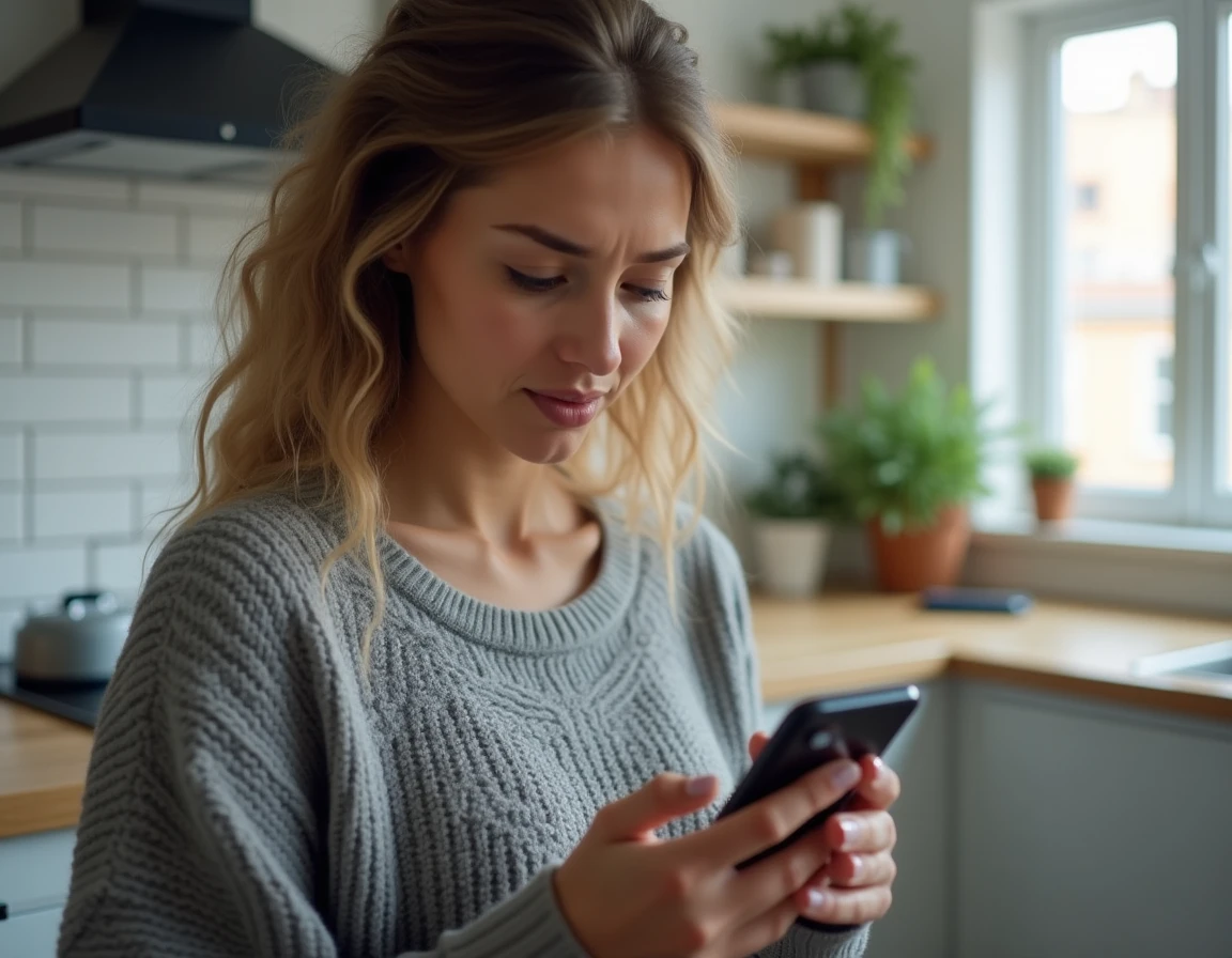 Femme tenant un smartphone affichant un appel entrant avec l'indicatif +44 dans une cuisine moderne, expression méfiante