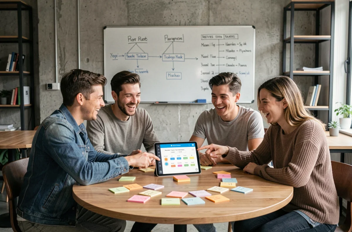 Jeunes adultes utilisant une application numérique de tirage aléatoire pour former des équipes équilibrées dans un espace de coworking