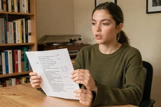 Jeune femme annotant les paroles de la chanson Lola de Renaud sur une feuille imprimée dans un bureau cosy