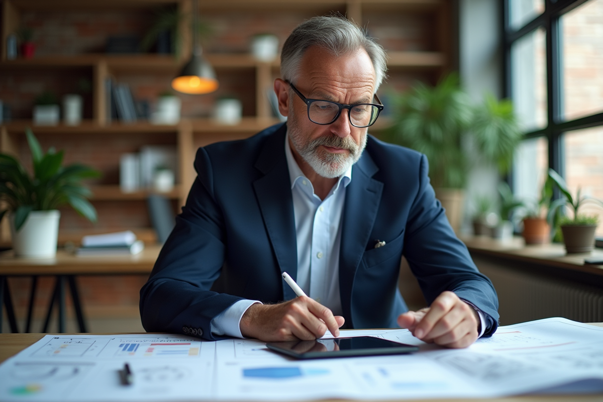 Architecte homme en costume bleu examine plans de construction