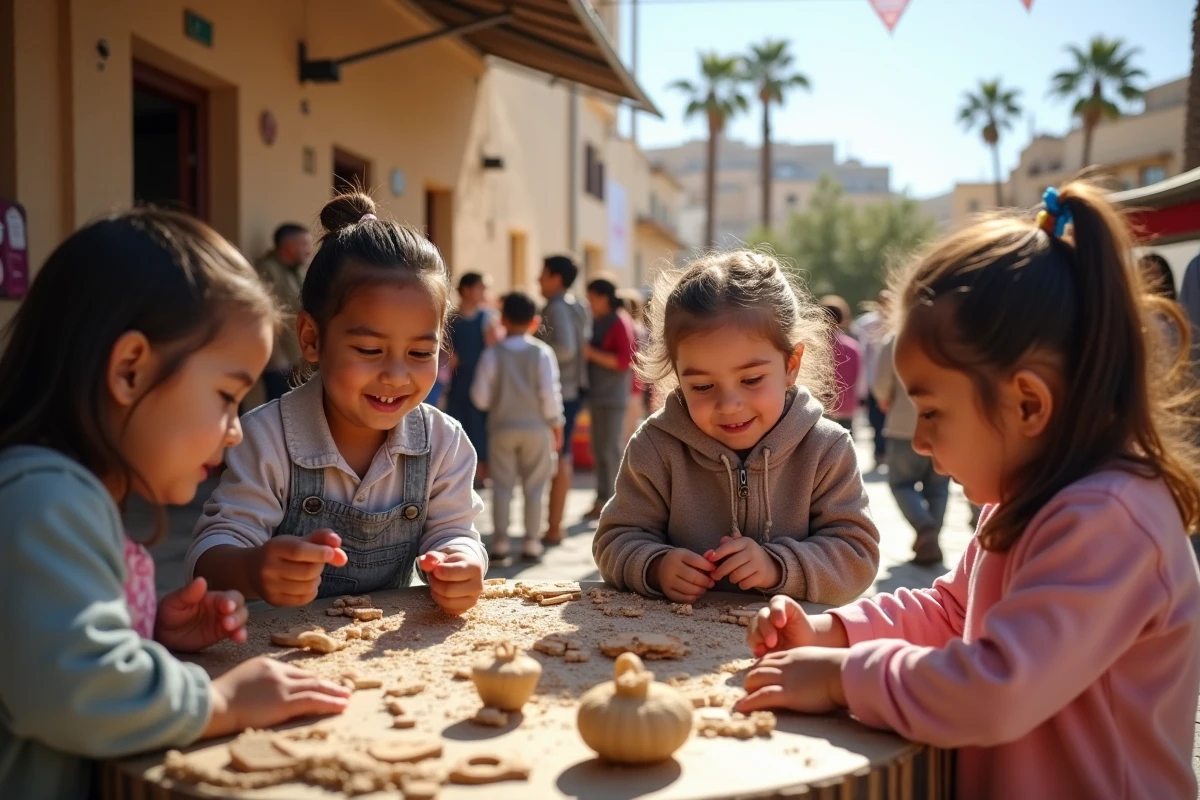 Groupe d enfants et adultes lors d une démonstration artisanale