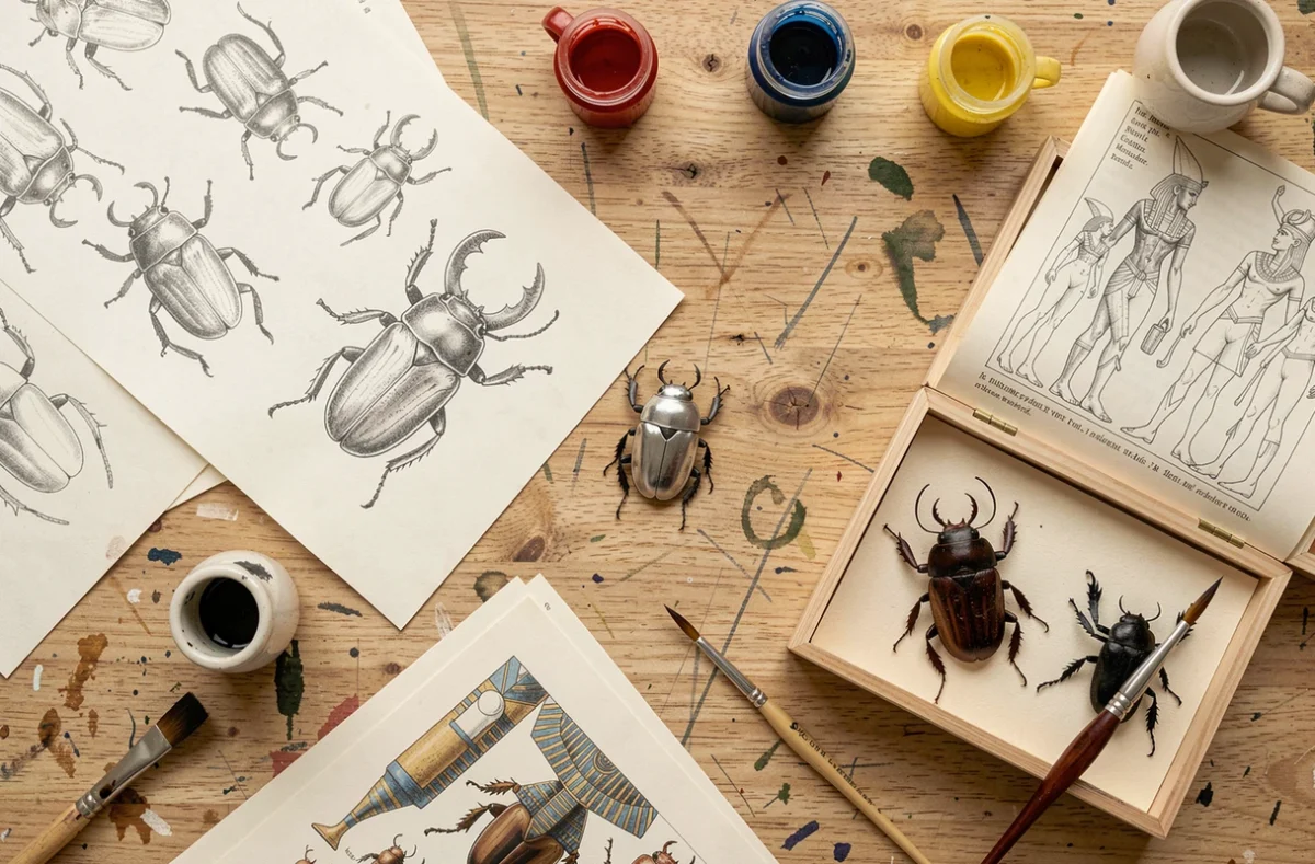 Atelier créatif avec esquisses de scarabée, pendentif moderne et spécimen entomologique sur bureau en bois