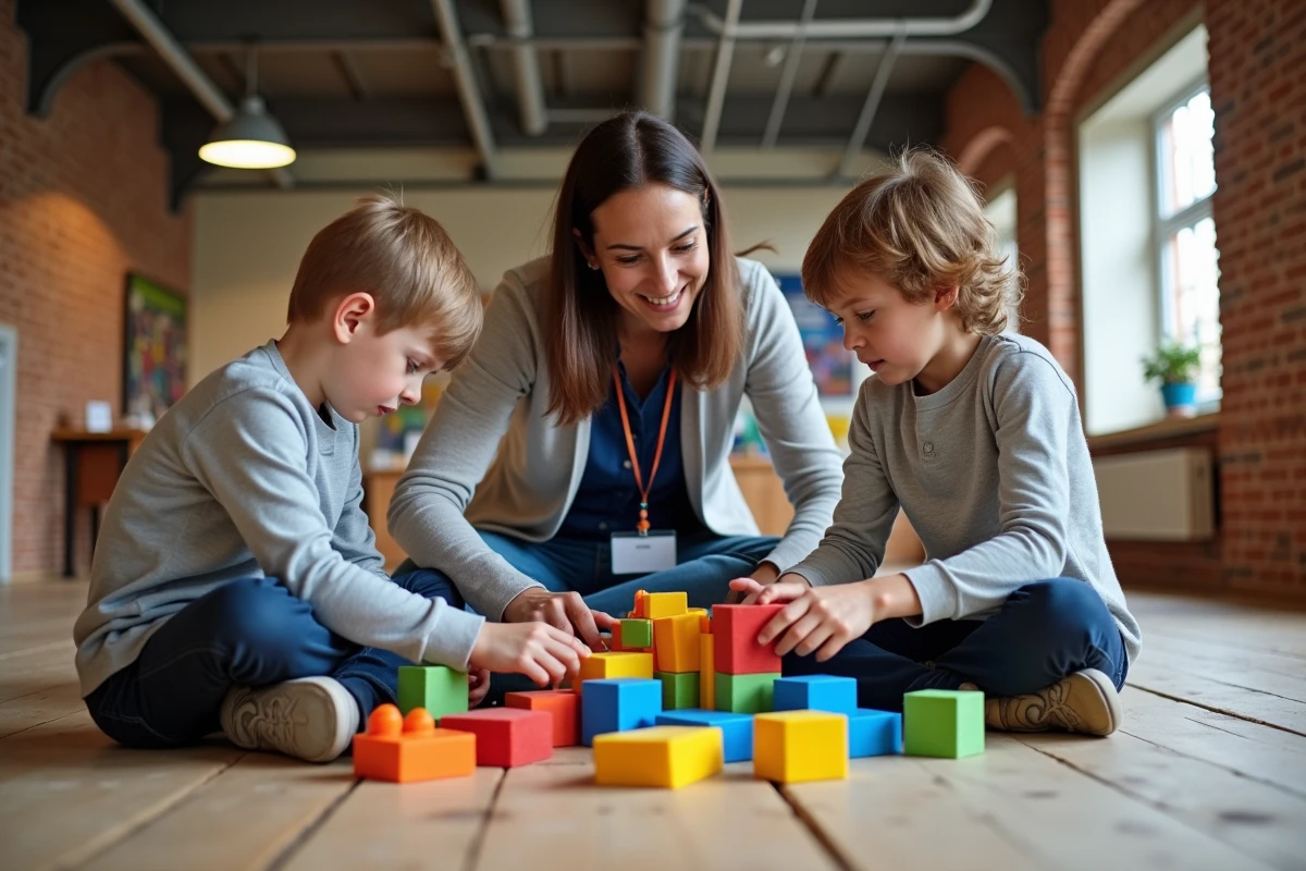 Enfants participant à un atelier scientifique au Quai des Savoirs de Toulouse encadrés par une animatrice