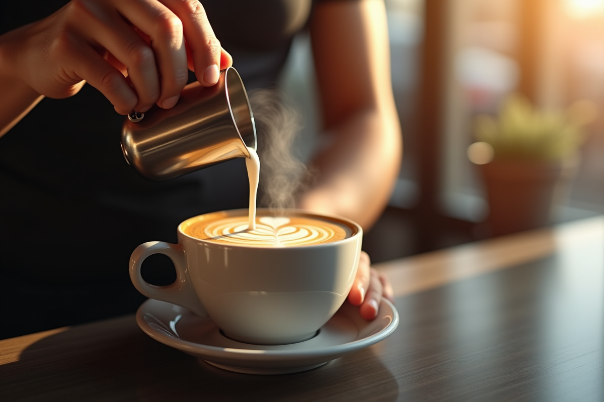 Barista versant du lait pour latte art dans une tasse de café
