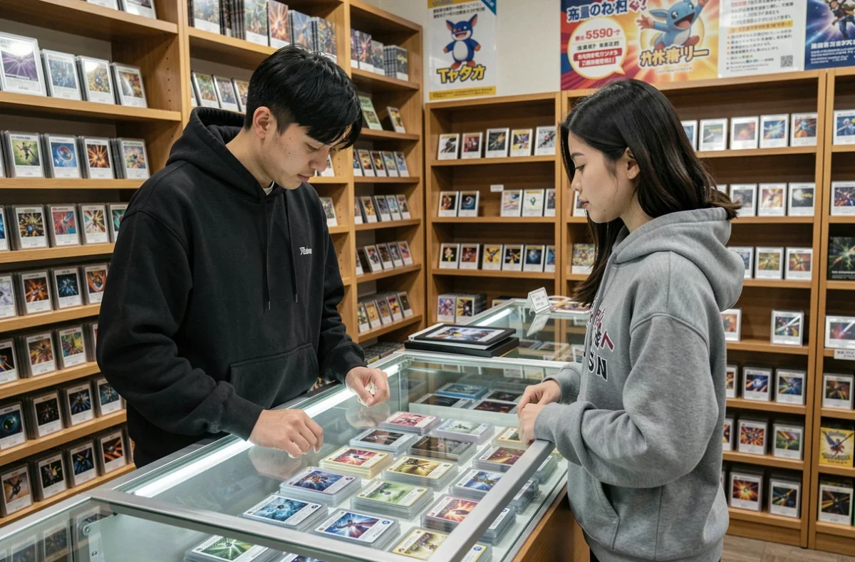 Deux collectionneurs dans une boutique de cartes Pokémon évaluant des cartes gradées et leurs prix en 2026