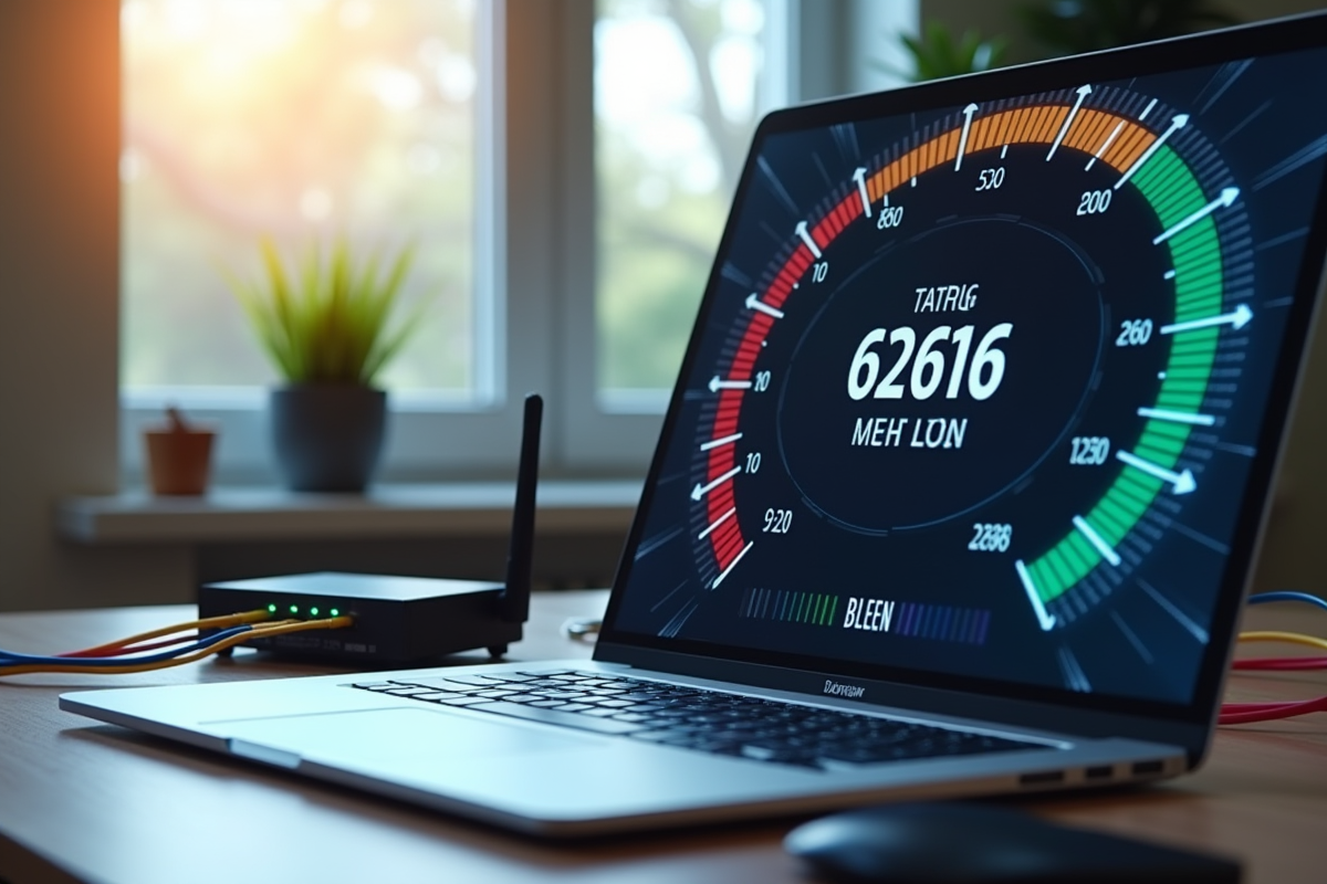 Bureau moderne avec test de vitesse internet sur ordinateur