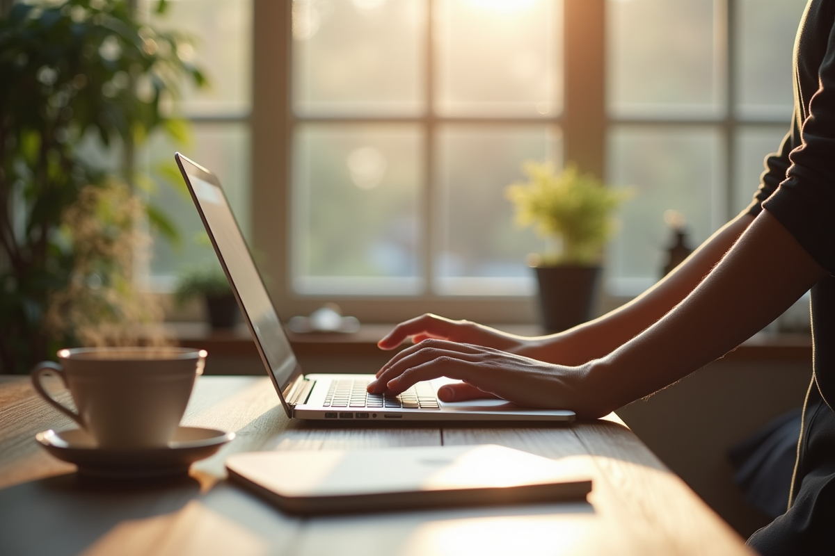 Main posant un ordinateur portable sur un bureau lumineux et cosy