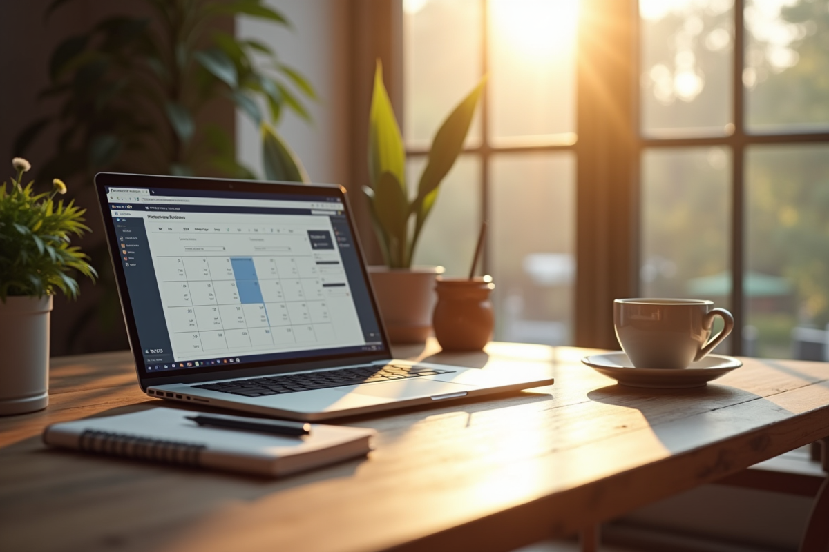 Espace de travail cosy à la maison avec ordinateur et plante