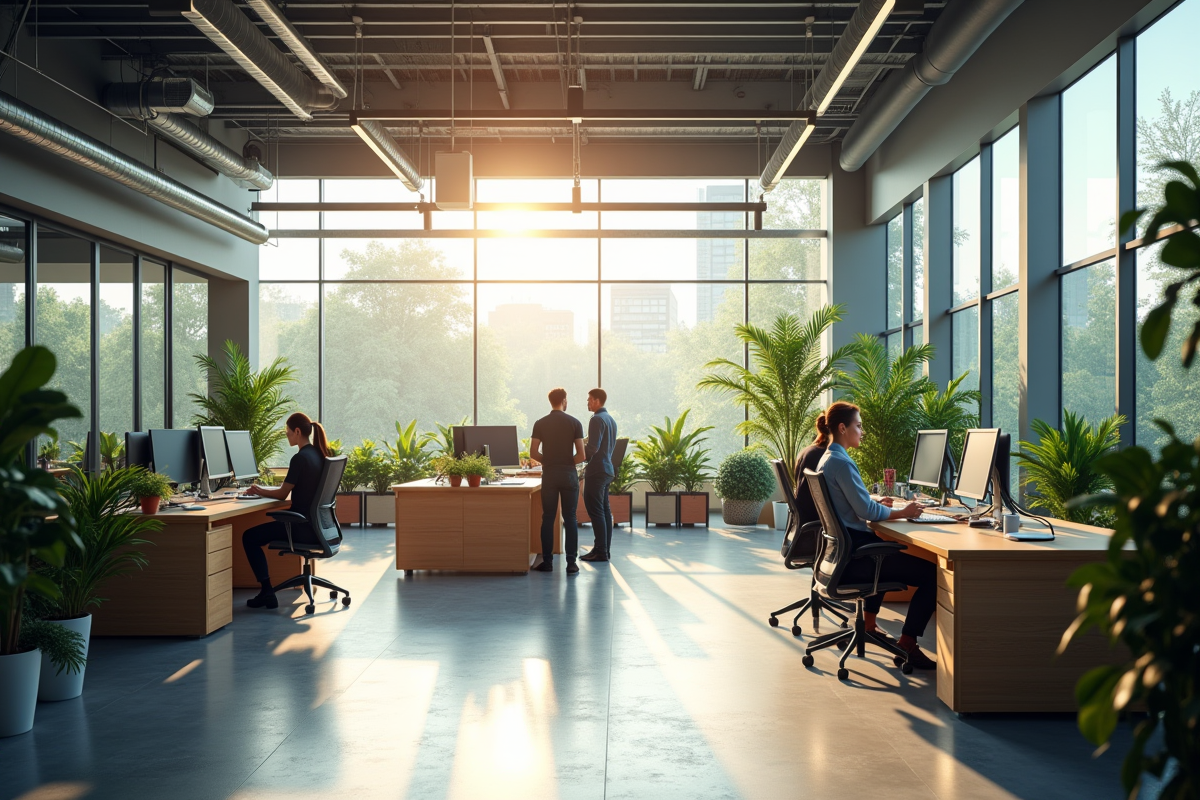 Bureau moderne espace ouvert avec plantes et collaborateurs