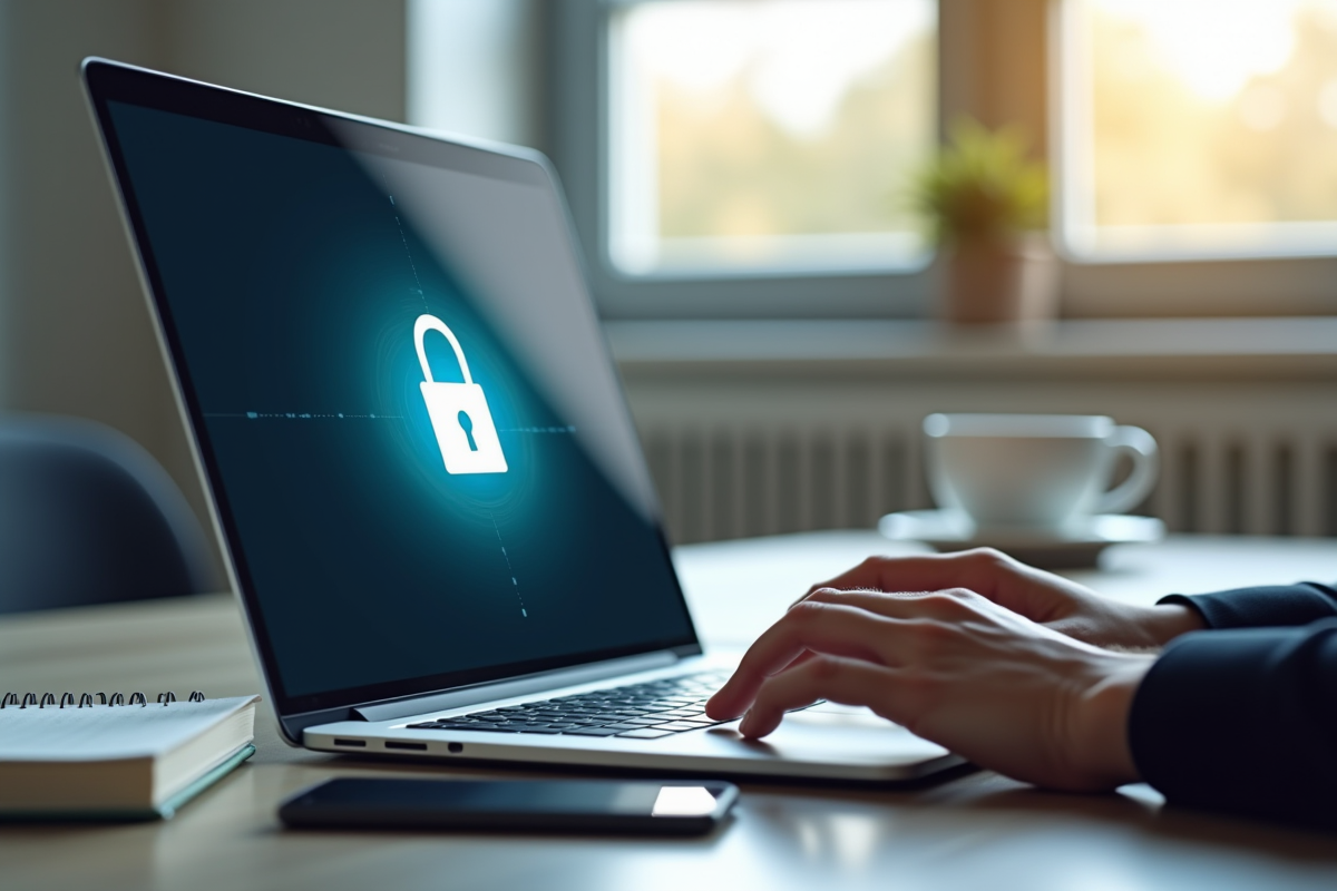 Bureau moderne avec ordinateur et cadenas pour la sécurité