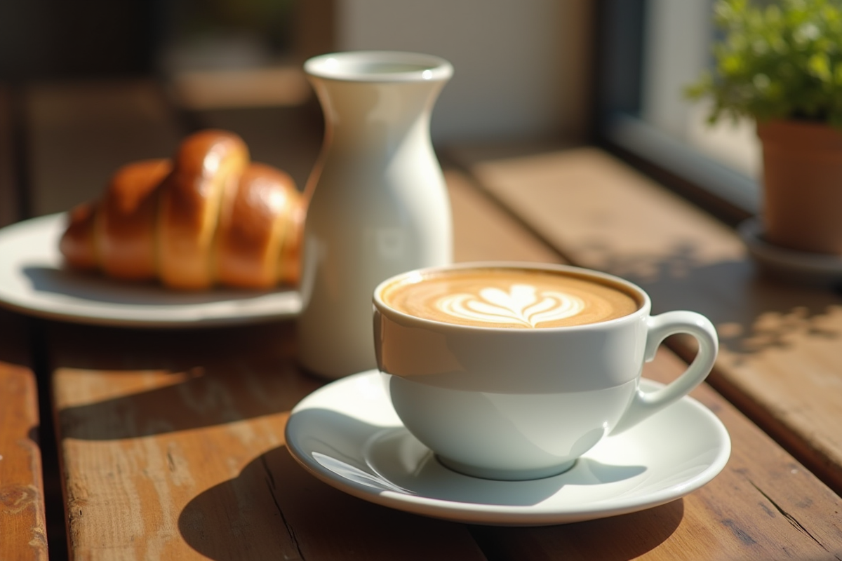 Tasse de cafe au lait sur une table en bois avec croissant