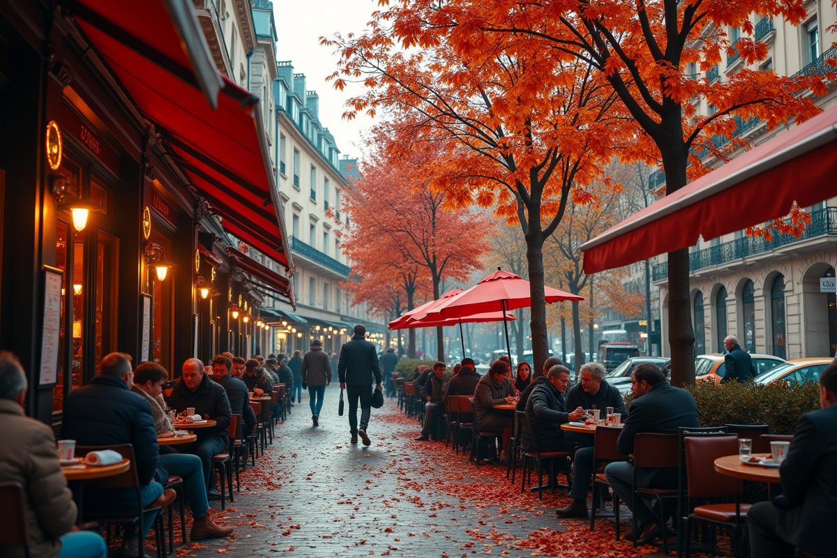Café parisien en automne avec feuillage rouge et orange