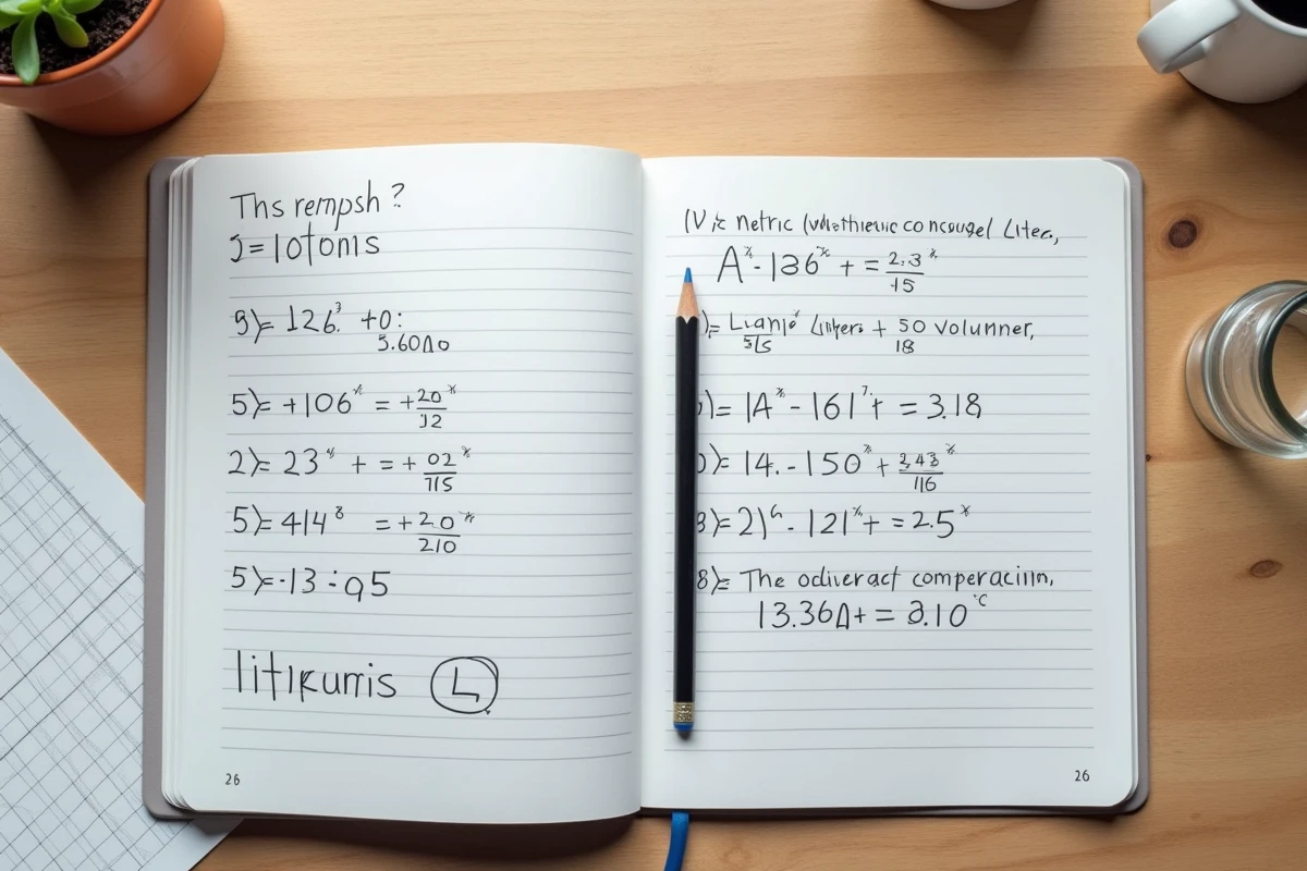 Vue de dessus d'un cahier de maths ouvert montrant des exercices de conversion litres en centilitres avec une tasse graduée et un crayon