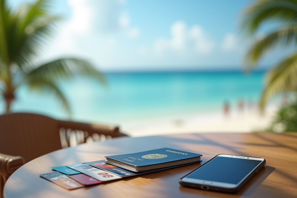 Cartes bancaires passeport et smartphone sur une table face à la plage