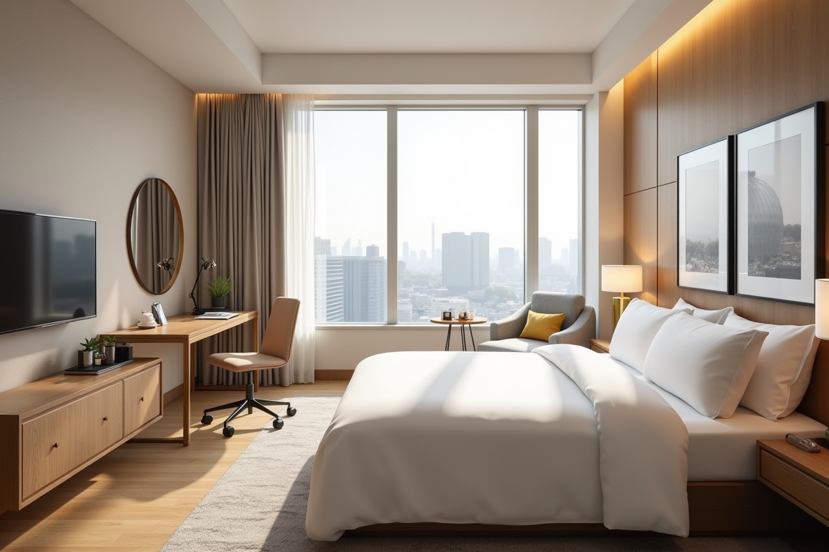 Chambre d'hôtel moderne avec lit blanc et vue urbaine