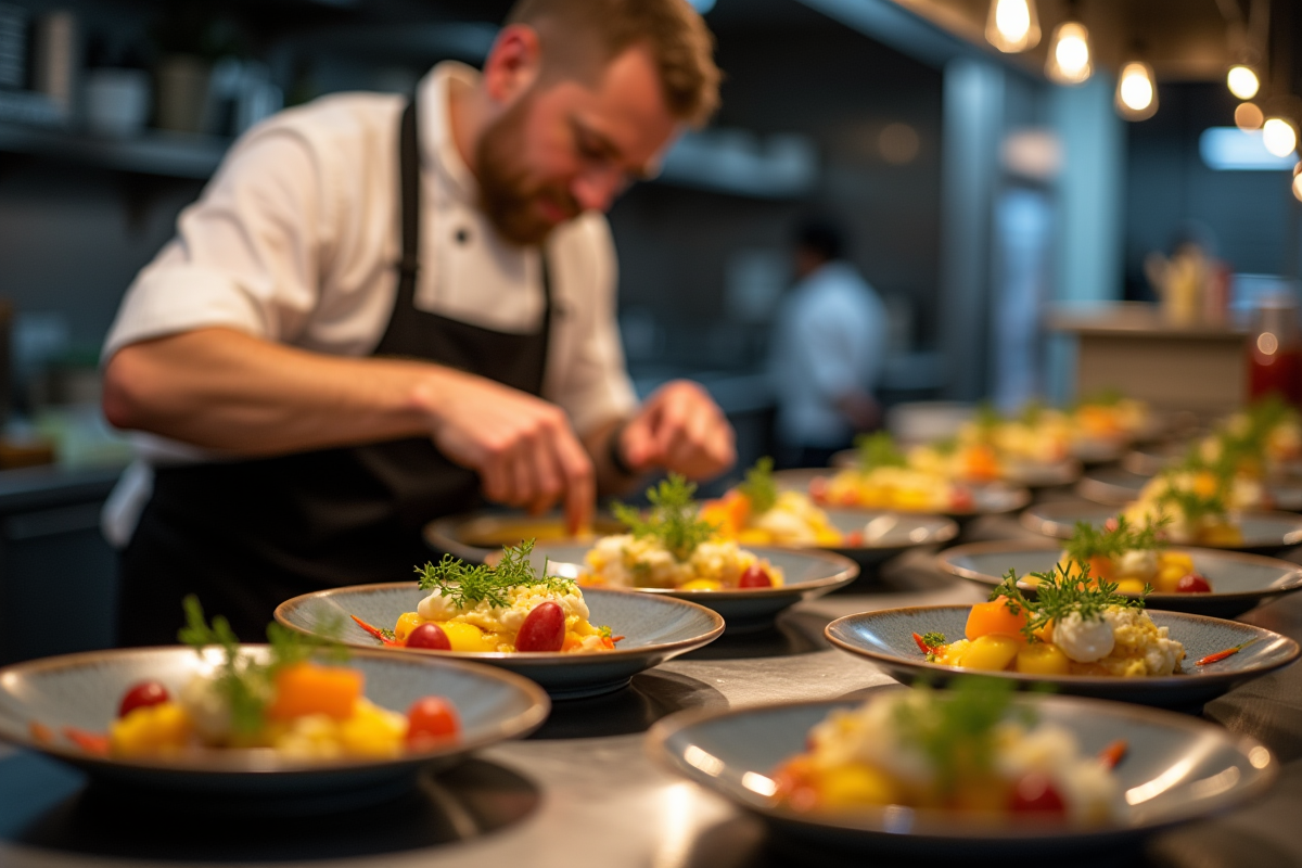 Chef en cuisine moderne dressant des plats colorés et saisonniers