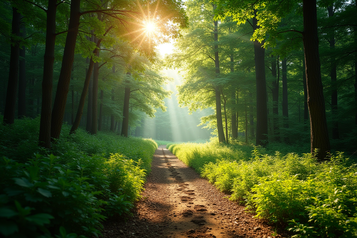 Sentier en forêt avec deux chemins un ouvert et un ombragé représentant l