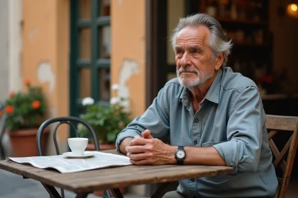 Homme âgé pensif attablé dans un café de Marseille, évoquant le souvenir de l'affaire Gabrielle Russier