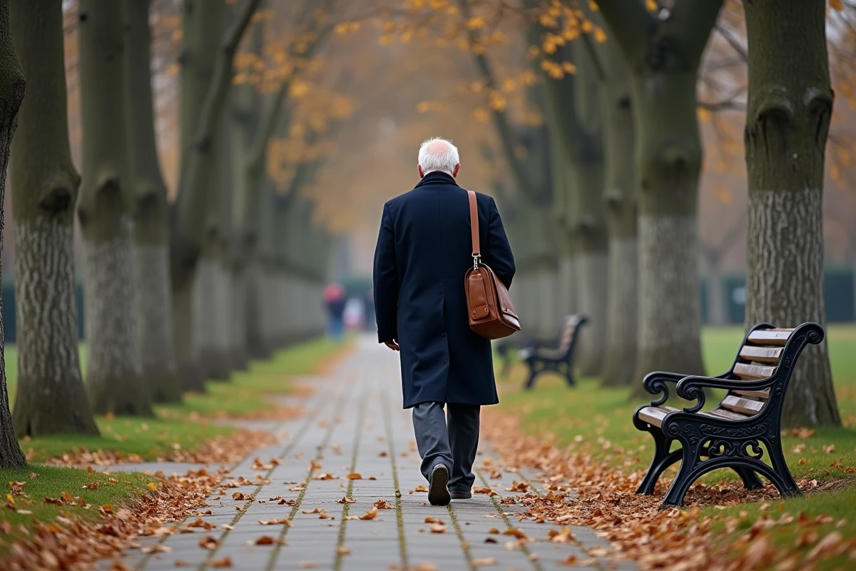 Homme seul marchant dans un parc français en automne, symbole de solitude et de mémoire liées à l'affaire Gabrielle Russier