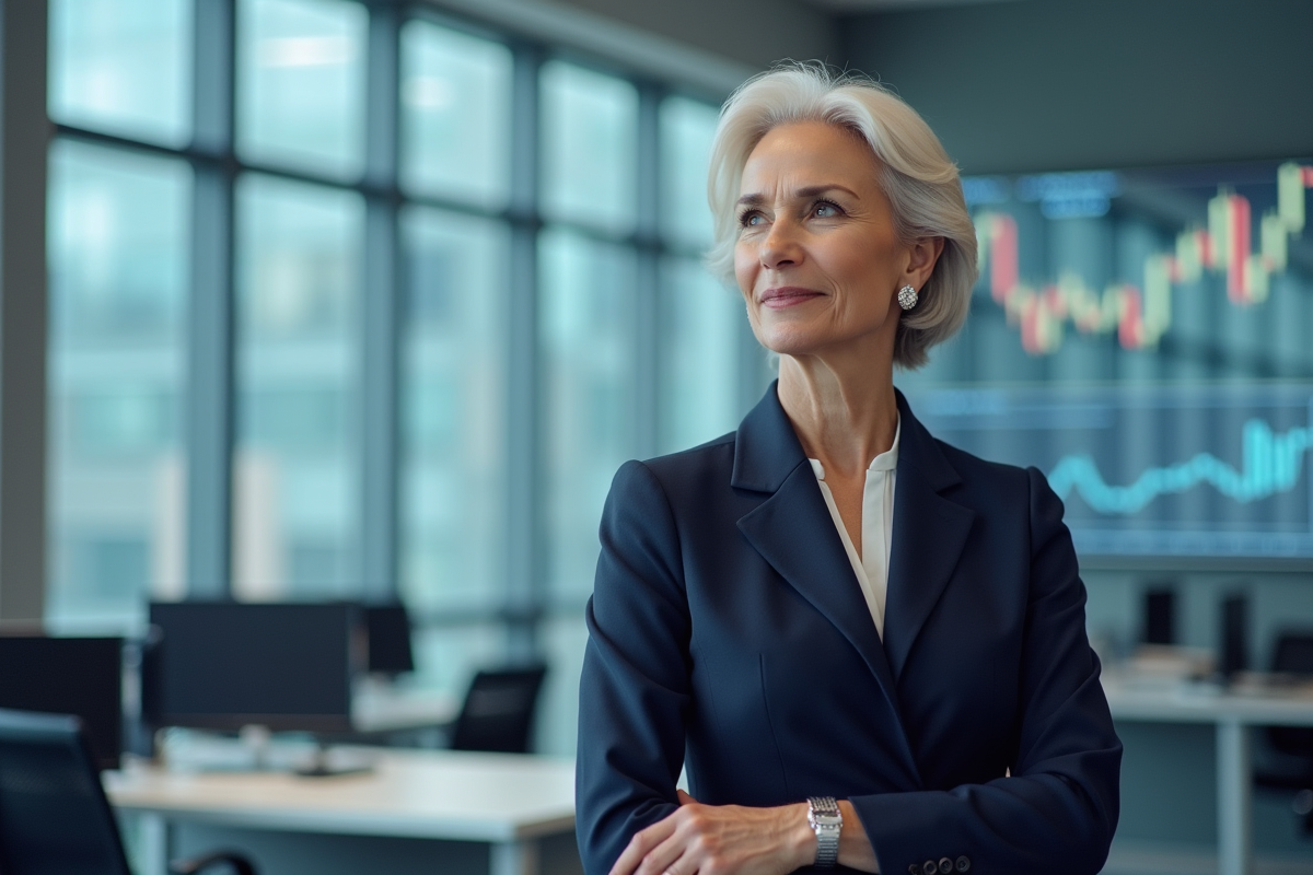 Christine Lagarde dans un bureau de la BCE avec écrans financiers