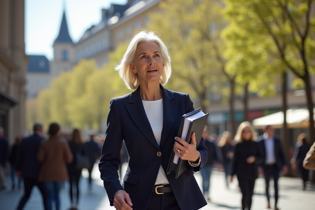Christine Lagarde dans une place urbaine printanière en ville