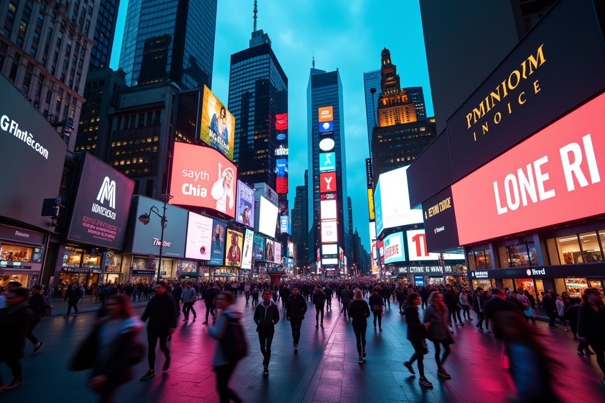 Paysage urbain lumineux au crépuscule avec écrans numériques et rues animées