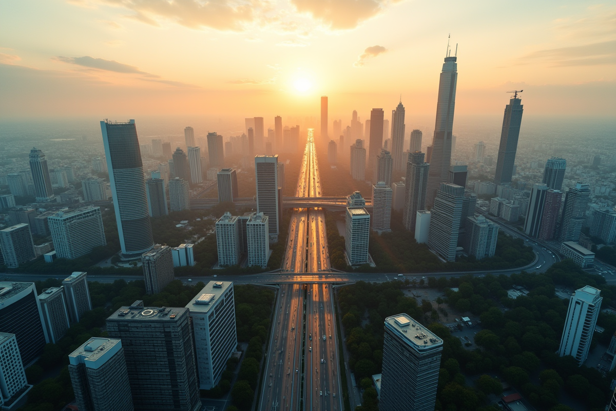 Vue aérienne d'une ville moderne au lever du soleil avec gratte-ciel et parcs