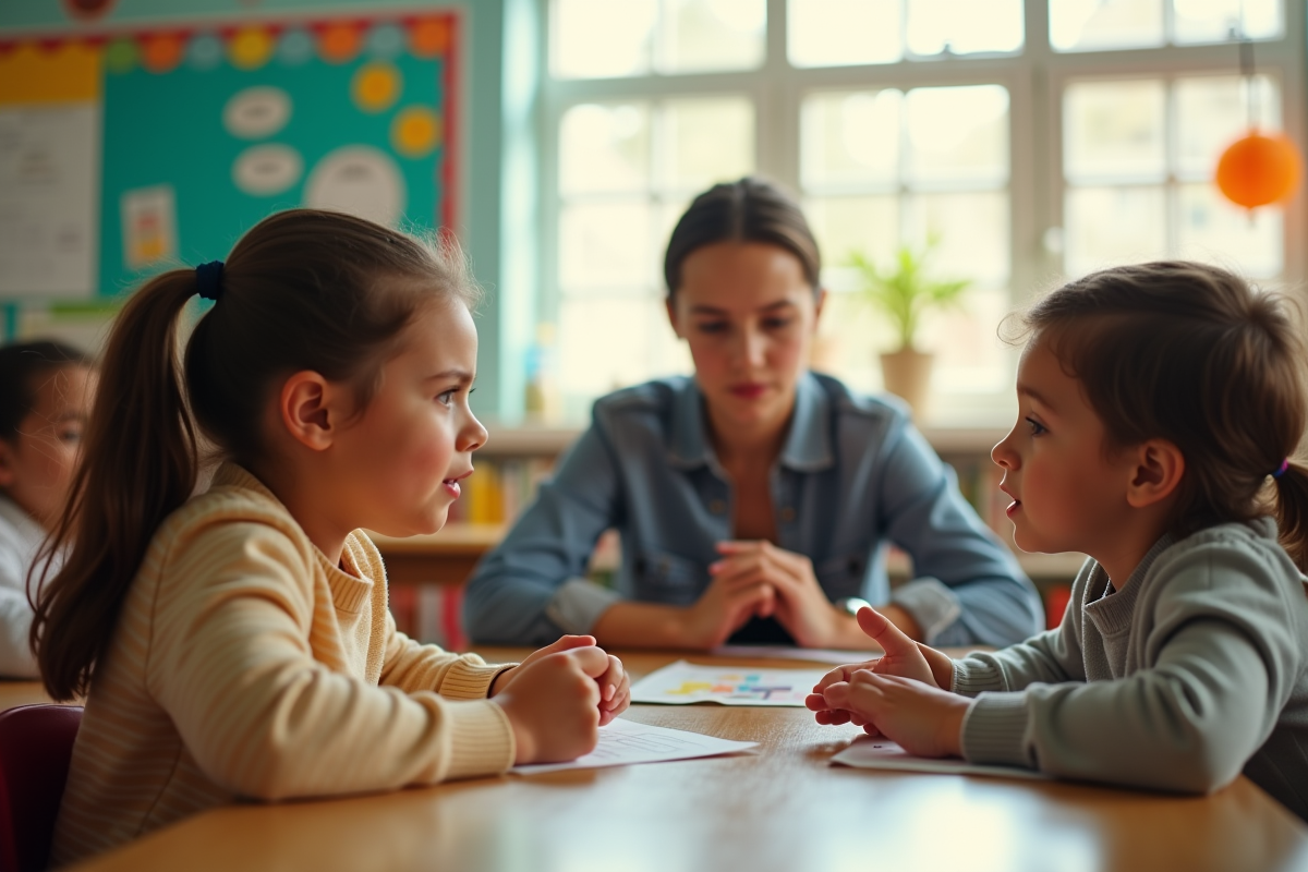 Enseignant calme tentant de calmer deux enfants en classe
