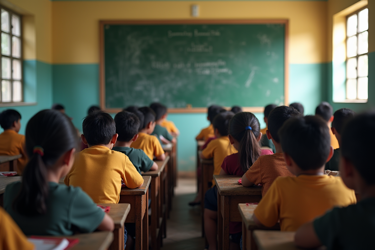 Salle de classe bondée aux Philippines avec enfants et tableau endommagé