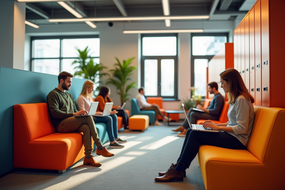 Espace de détente coloré avec personnes travaillant sur laptops