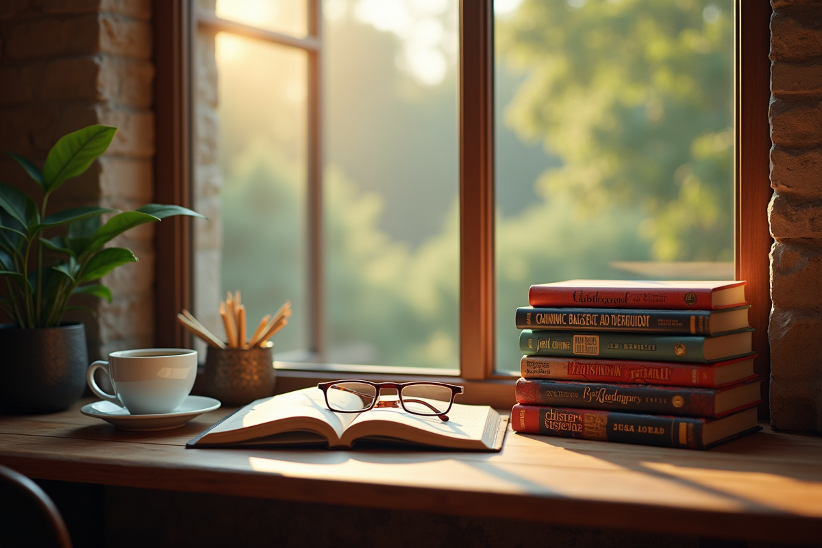 Coin lecture cosy près d'une grande fenêtre avec livres et café