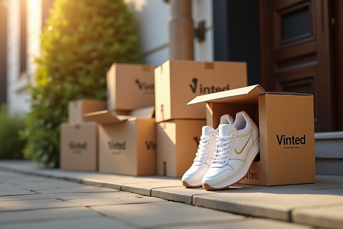 Colis de vêtements et sneakers tendance sur un seuil