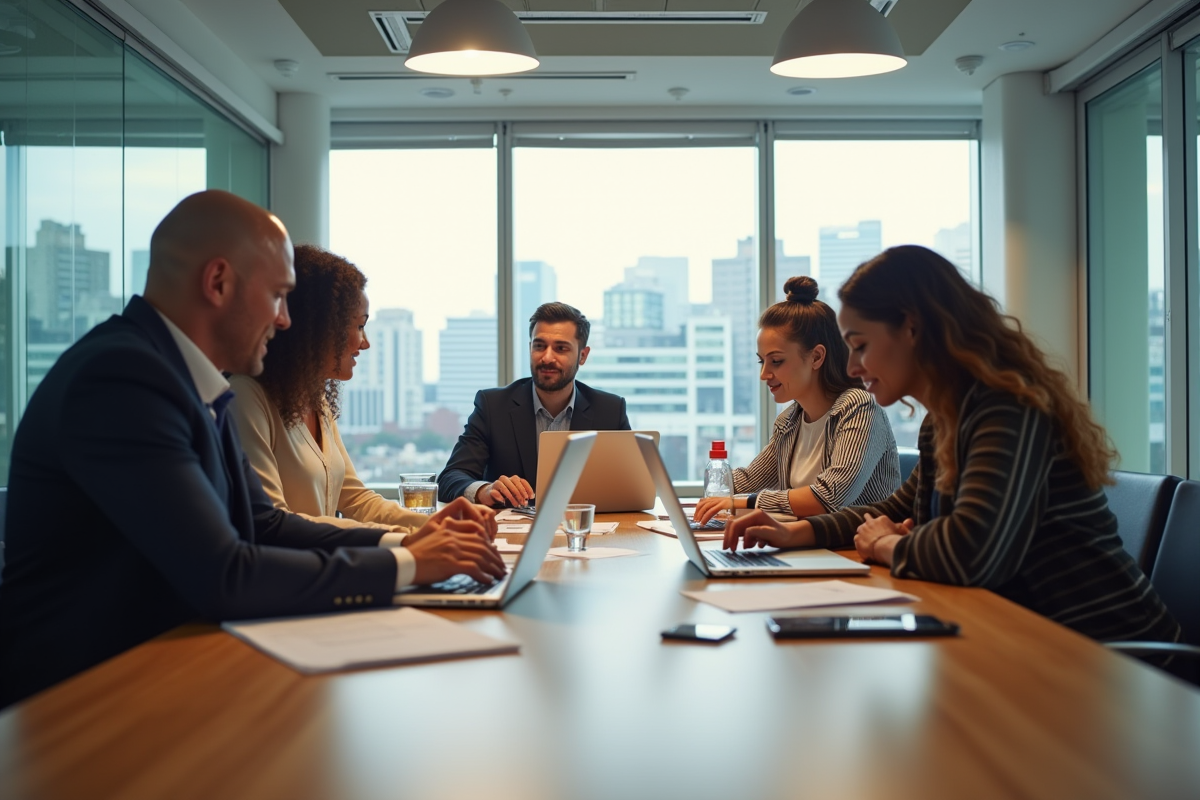 Groupe de professionnels collaborant dans un bureau lumineux
