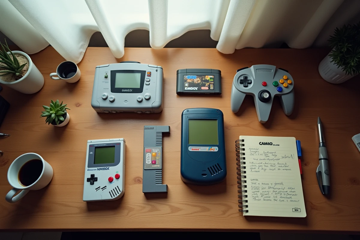 Vue de dessus d'une collection de consoles rétro vintage dont une Game Boy, une Game Gear et une manette Nintendo 64 posées sur un bureau en bois