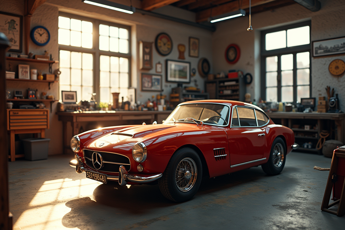 Voiture des années 60 dans un garage passion