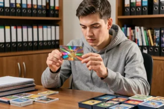 Collectionneur de cartes Pokémon examinant une carte holographique rare à son bureau organisé avec des classeurs et des protège-cartes