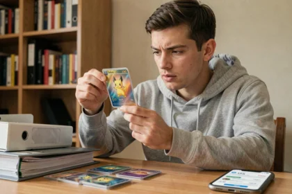 Collectionneur de cartes Pokémon examinant la valeur d'une carte holographique rare en 2026
