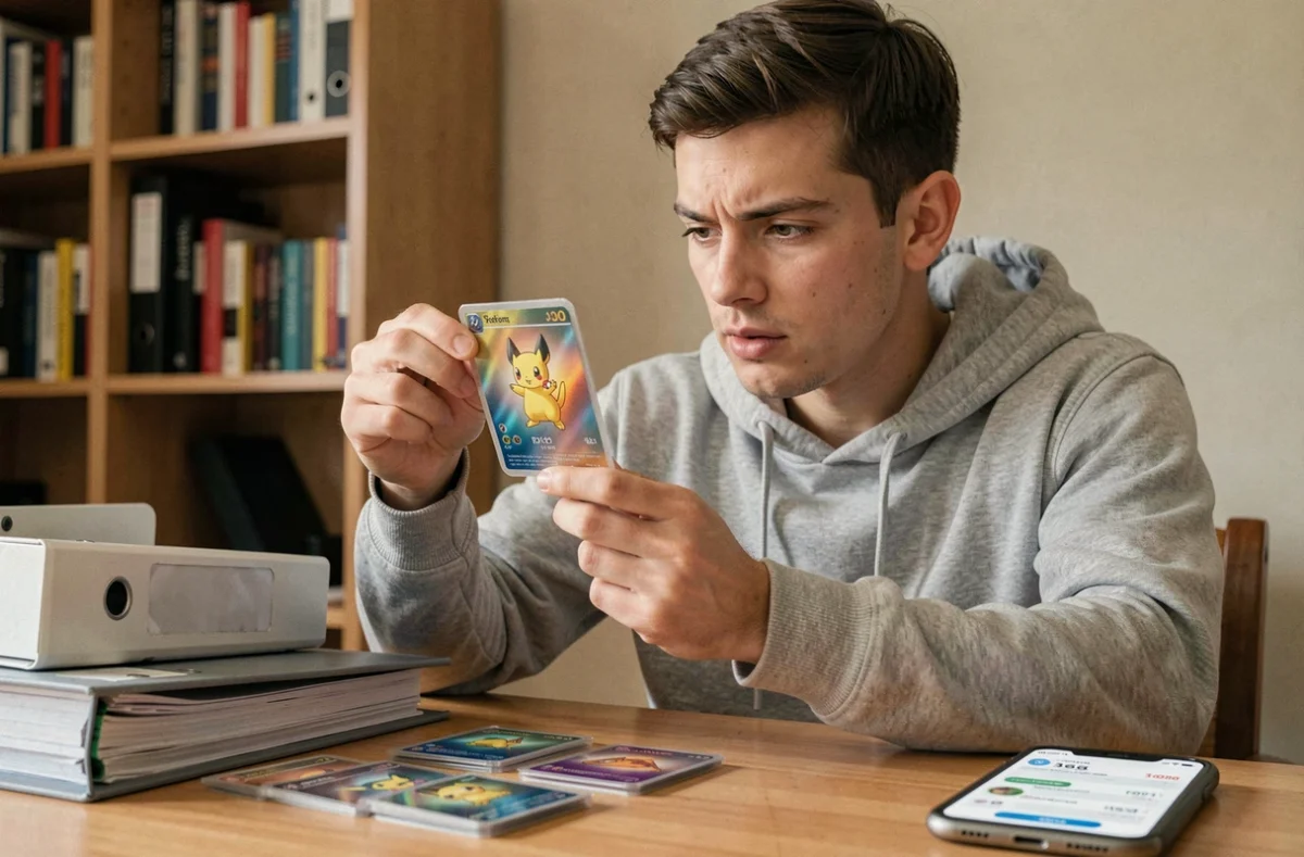 Collectionneur de cartes Pokémon examinant la valeur d'une carte holographique rare en 2026