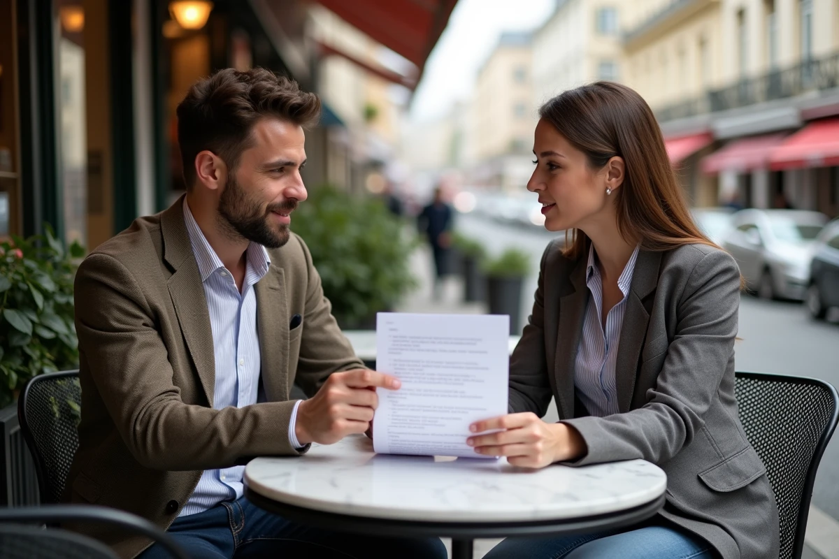 Deux collègues discutant d'exercices de grammaire française autour d'un document dans un café parisien